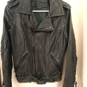 True Religion leather biker jacket in dark green